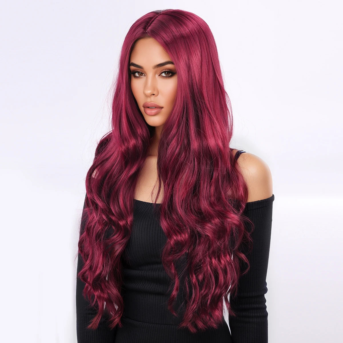 Wig, European and American style, women's curly hair, synthetic fiber head cover, wine red, center parting, synthetic fiber wig