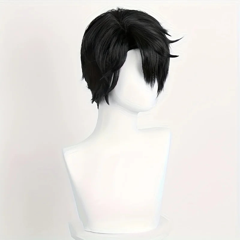 A Unisex Wig with a Black Side-Parted Fringe And Layered Short Hairstyle, Suitable for Wearing at Daily Gatherings And Party