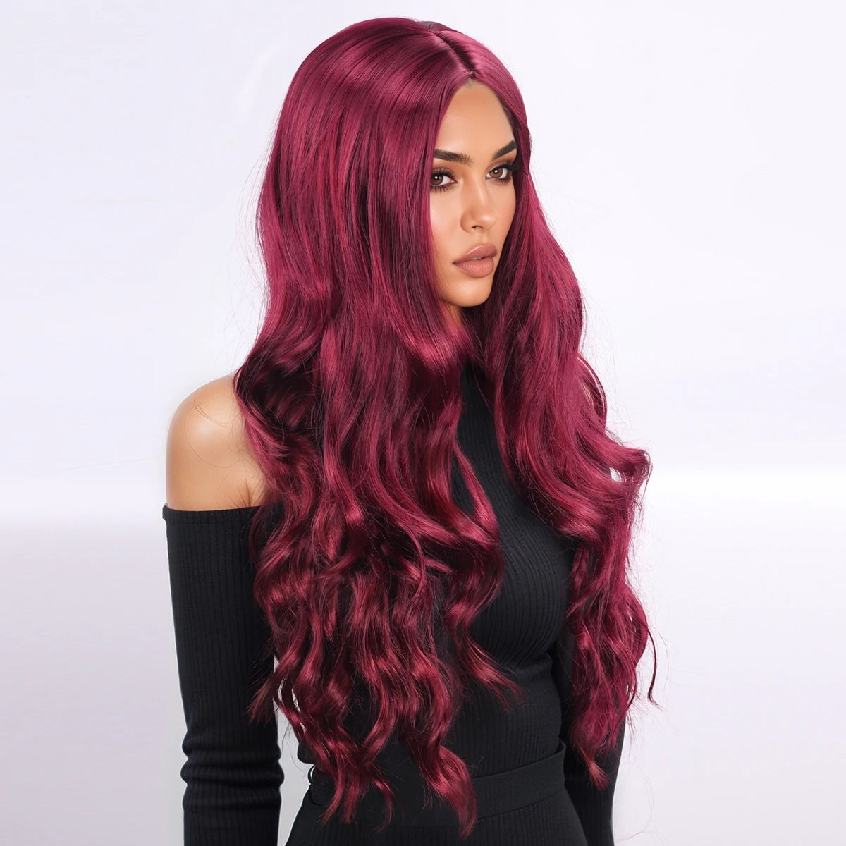 Wig, European and American style, women's curly hair, synthetic fiber head cover, wine red, center parting, synthetic fiber wig