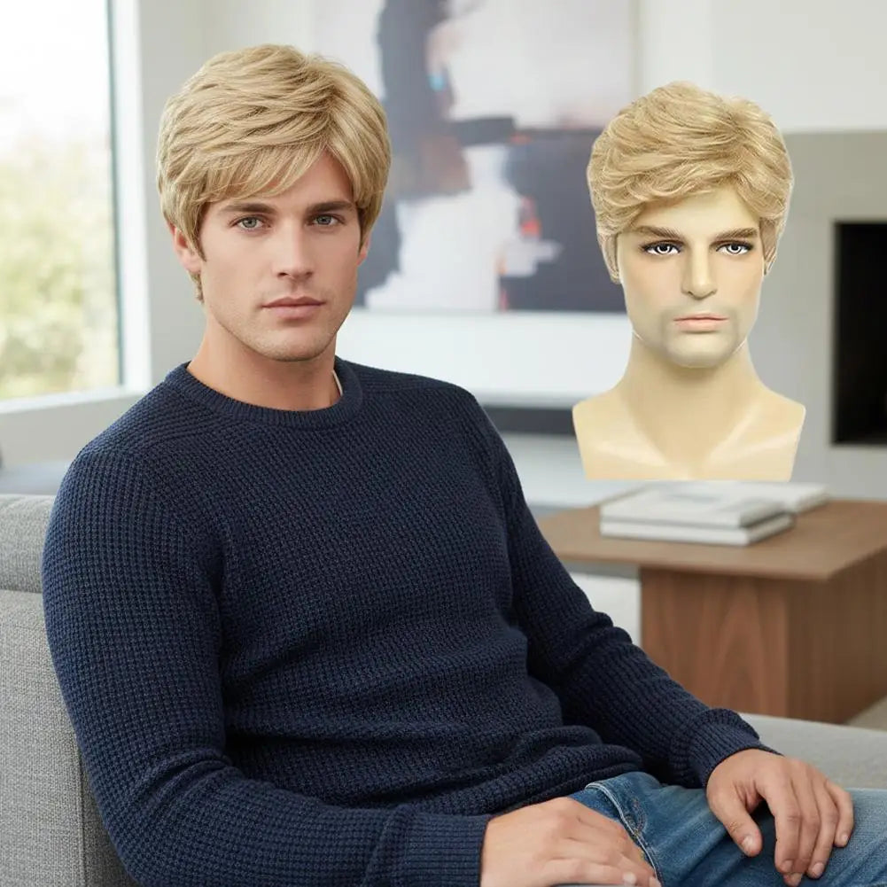 Men's Fashion Wig with Side Swept Bangs - Short Straight Hair Synthetic Full Wig for Men, European Style Ready to Wear