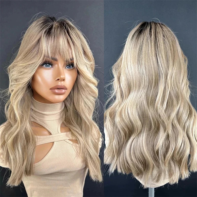 Curtain Bangs Wig Sexy Bouncy Blowout Lace Part Wig Hair Layered Glueless Daily Wear Blonde Ash Root Balayage sponky do vlasu