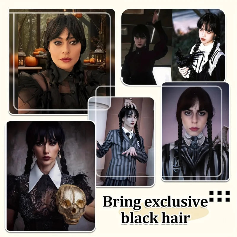 Wednesday Wig‌ Women'S Black Wig With Bangs & Double Braids Set, Synthetic Wig + Horror Glove For Halloween, Carnival, Cosplay