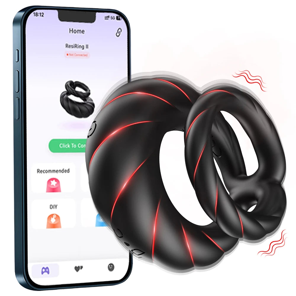 Cock Ring Vibrator APP Bluetooth Controlled Double Ring for Longer Harder Stronger 10 Vibrations Sex Toy for Men Masturbator