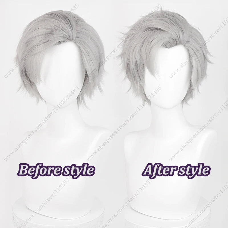Anime Sylus Cosplay Wig 30cm Short Grey Mixed Color Heat Resistant Synthetic Hair
