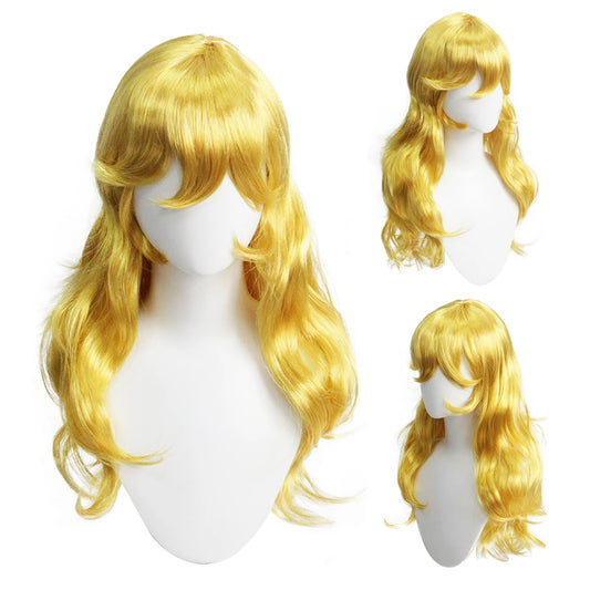 Golden Yellow Wavy Long Curly Synthetic Wig, Anime-Inspired Style, Perfect for Cosplay & Daily Wear