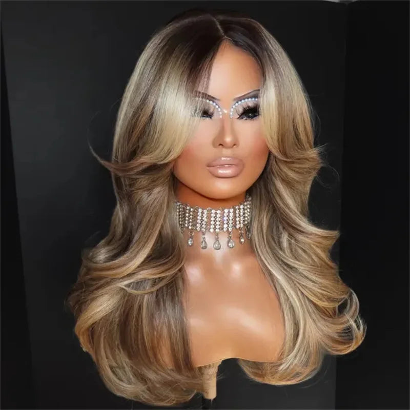 13x4 Long Wavy Sexy Bouncy Lace Front Wig Premium High Heat Fiber Daily Wear Blonde Wig Ash Dark Root Balayage Synthetic Wig