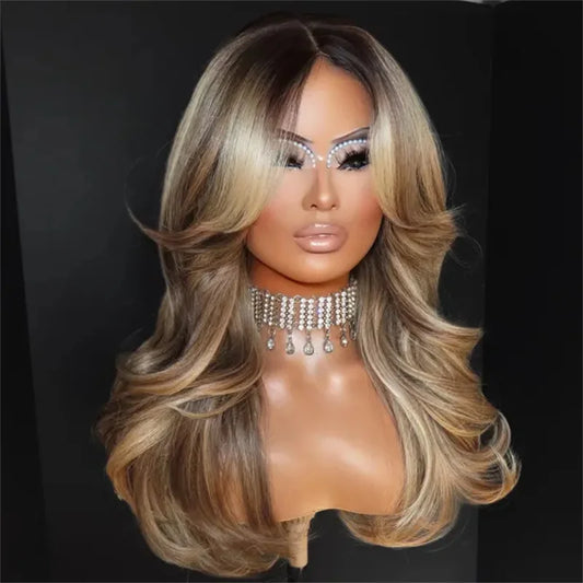 13x4 Long Wavy Sexy Bouncy Lace Front Wig Premium High Heat Fiber Daily Wear Blonde Wig Ash Dark Root Balayage Synthetic Wig