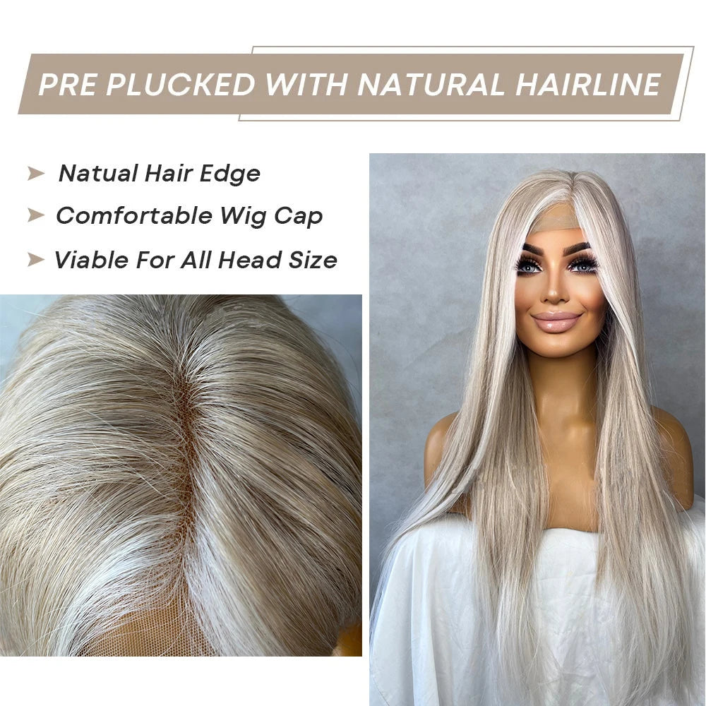 13x4 Long Wavy Sexy Bouncy Lace Front Wig Premium High Heat Fiber Daily Wear Blonde Wig Ash Dark Root Balayage Synthetic Wig
