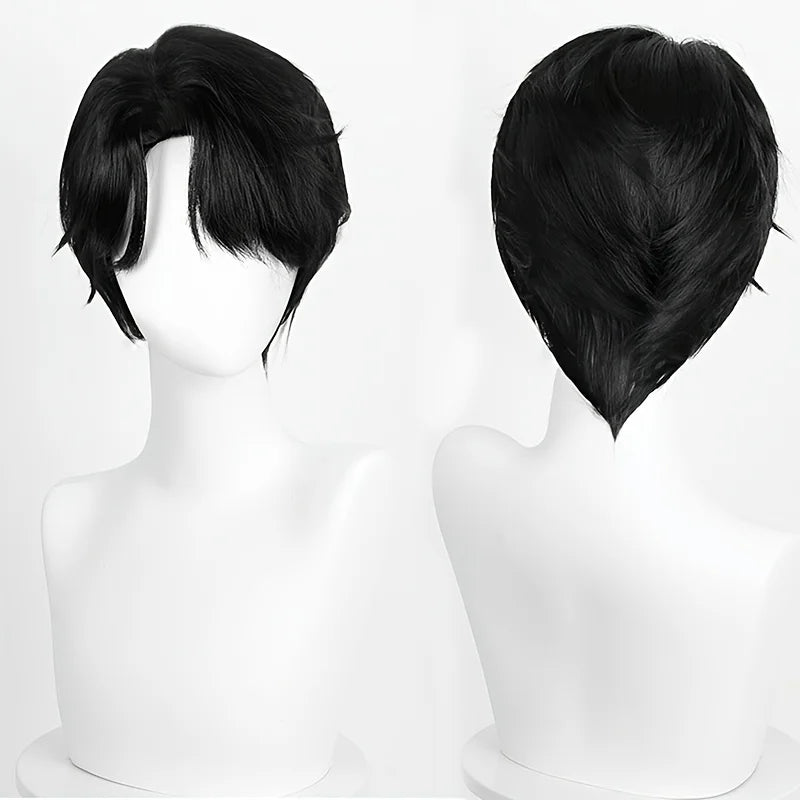 A Unisex Wig with a Black Side-Parted Fringe And Layered Short Hairstyle, Suitable for Wearing at Daily Gatherings And Party