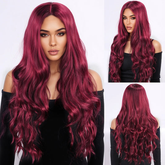 Wig, European and American style, women's curly hair, synthetic fiber head cover, wine red, center parting, synthetic fiber wig
