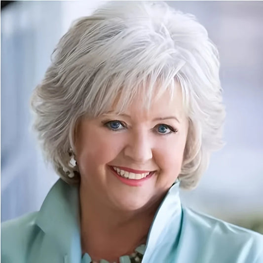 Elegant short wavy white hair synthetic wig ladies, designed specifically mature women, suitable daily wear special occasions