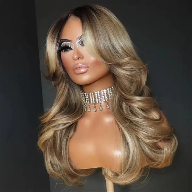 13x4 Long Wavy Sexy Bouncy Lace Front Wig Premium High Heat Fiber Daily Wear Blonde Wig Ash Dark Root Balayage Synthetic Wig