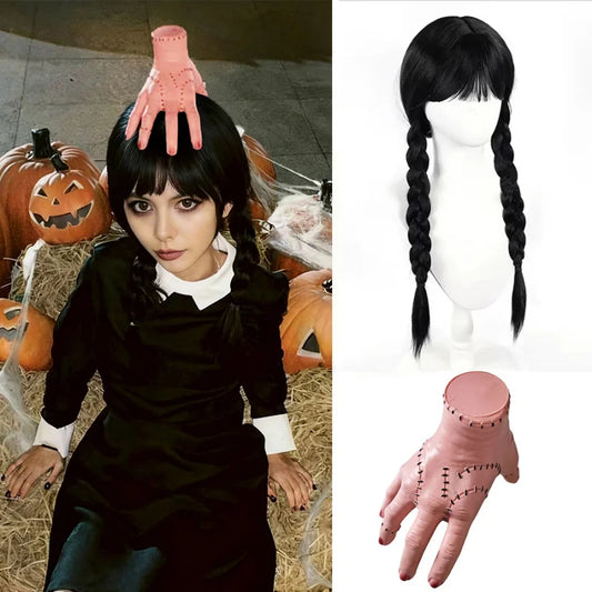 Wednesday Wig‌ Women'S Black Wig With Bangs & Double Braids Set, Synthetic Wig + Horror Glove For Halloween, Carnival, Cosplay