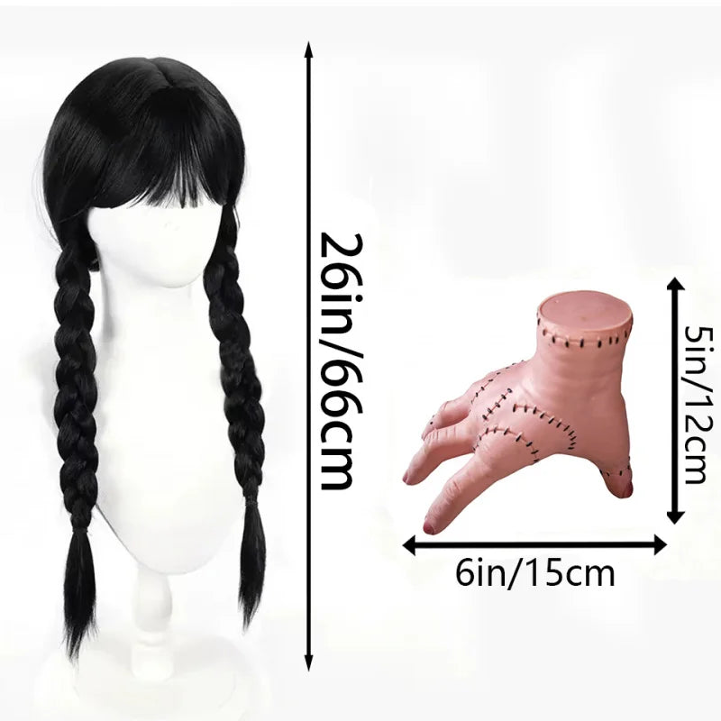 Wednesday Wig‌ Women'S Black Wig With Bangs & Double Braids Set, Synthetic Wig + Horror Glove For Halloween, Carnival, Cosplay