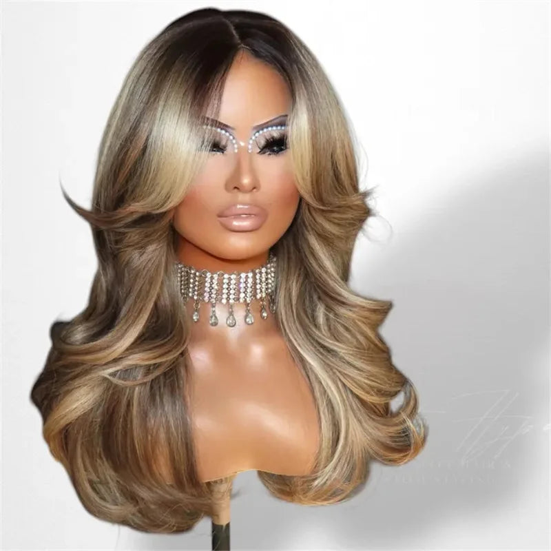 13x4 Long Wavy Sexy Bouncy Lace Front Wig Premium High Heat Fiber Daily Wear Blonde Wig Ash Dark Root Balayage Synthetic Wig