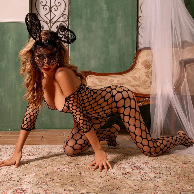 Sexy Porn Woman Costume Adult Female Open-button Uniform Lace Cutout Full Body Stockings Cosplay Pantyhose Sexy Cat Lingerine