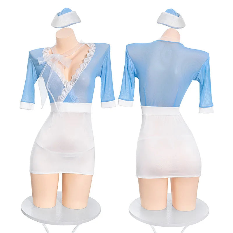 Sexy Lingerie Uniform Cosplay Costumes Tight Deep V Lace Short Hip Skirt Flight Attendant Uniform Temptation Sexy Hot Sex Shop