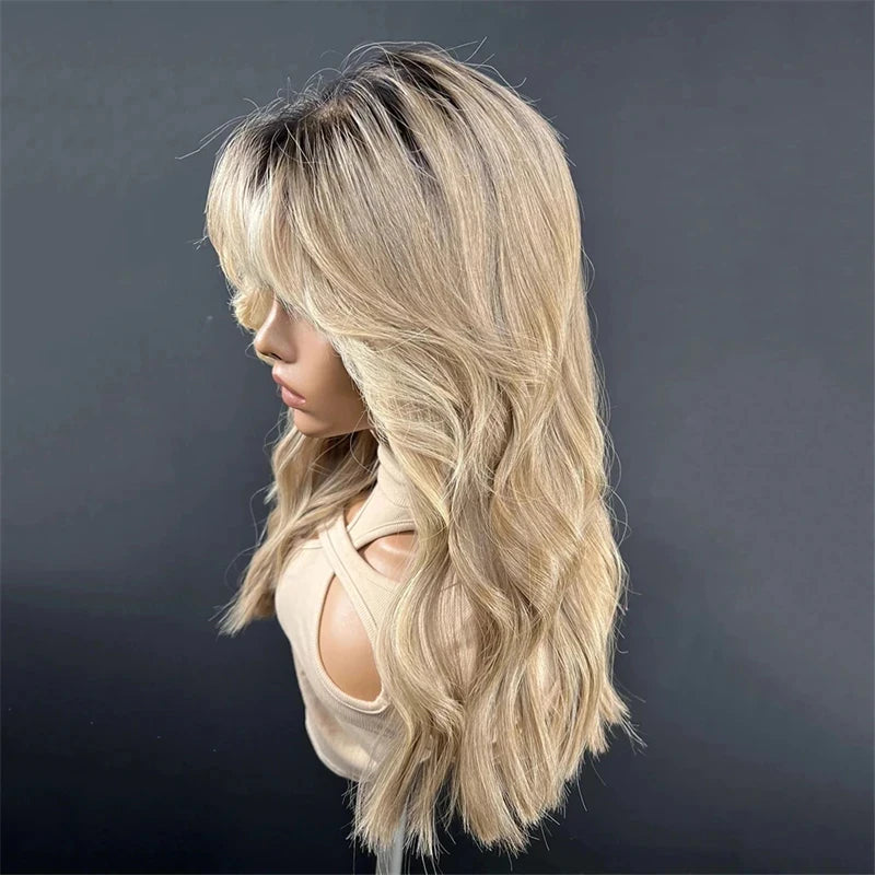 Curtain Bangs Wig Sexy Bouncy Blowout Lace Part Wig Hair Layered Glueless Daily Wear Blonde Ash Root Balayage sponky do vlasu
