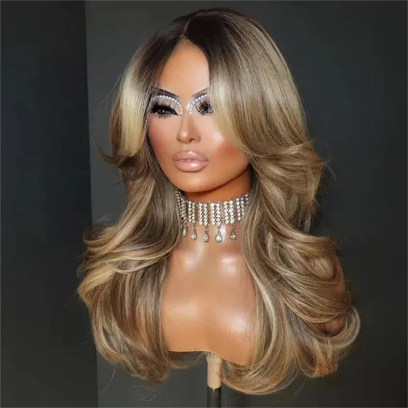 13x4 Long Wavy Sexy Bouncy Lace Front Wig Premium High Heat Fiber Daily Wear Blonde Wig Ash Dark Root Balayage Synthetic Wig