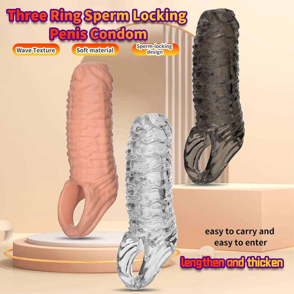 Penis Ring Male Realistic Penis Sleeve Extender Cock Sleeve Dick Enlargement Delay Ejaculation Cock Ring Reusable Condom Sex Toy