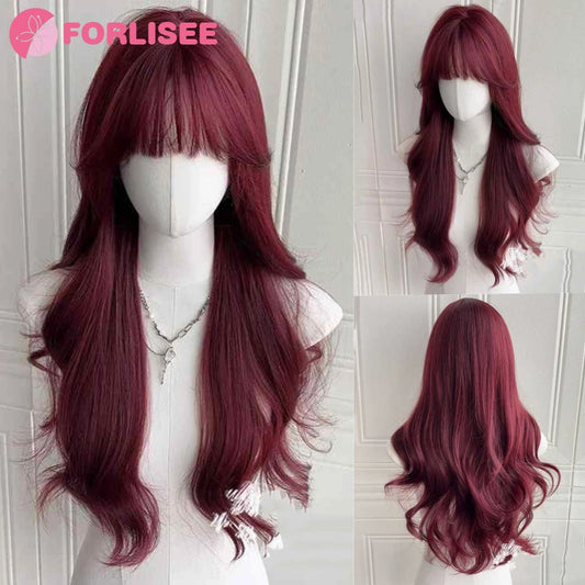 FORLISEE 24Inch Raspberry Red Wig Long Curly Synthetic Wig for Women Fashion Wig for for Daily Halloween Costume Party Cosplay ﻿