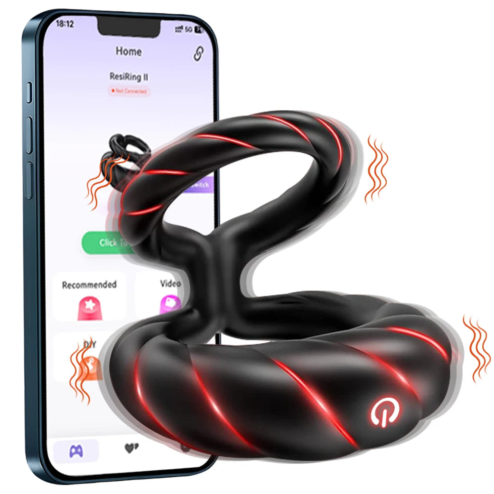 Cock Ring Vibrator APP Bluetooth Controlled Double Ring for Longer Harder Stronger 10 Vibrations Sex Toy for Men Masturbator