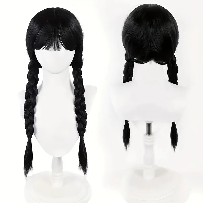 Wednesday Wig‌ Women'S Black Wig With Bangs & Double Braids Set, Synthetic Wig + Horror Glove For Halloween, Carnival, Cosplay