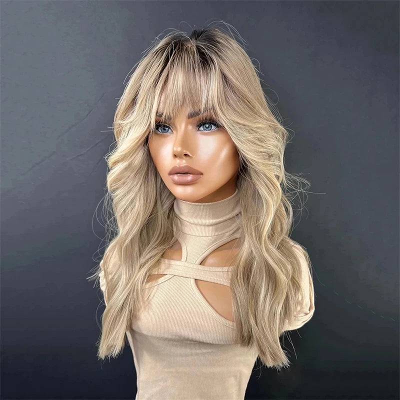 Curtain Bangs Wig Sexy Bouncy Blowout Lace Part Wig Hair Layered Glueless Daily Wear Blonde Ash Root Balayage sponky do vlasu