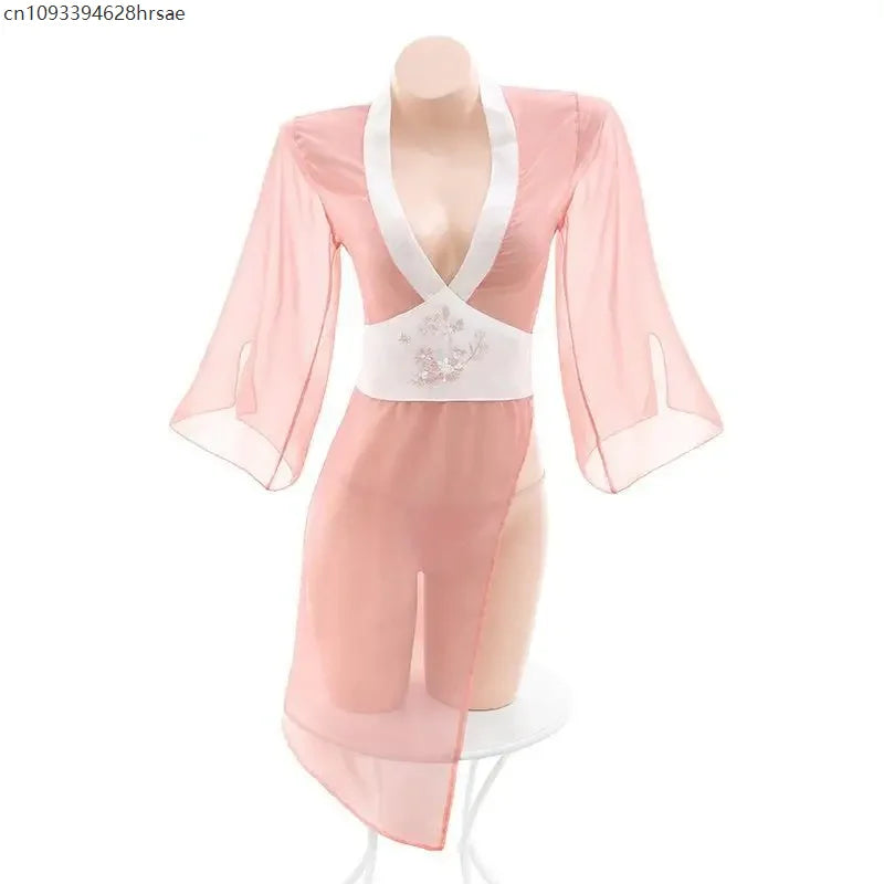 Sexy Hanfu Cosplay Costumes Deep V Erotic Dresses See-through Women Elegant Pink Chinese Antique-Style Lingerie Bed Temptation