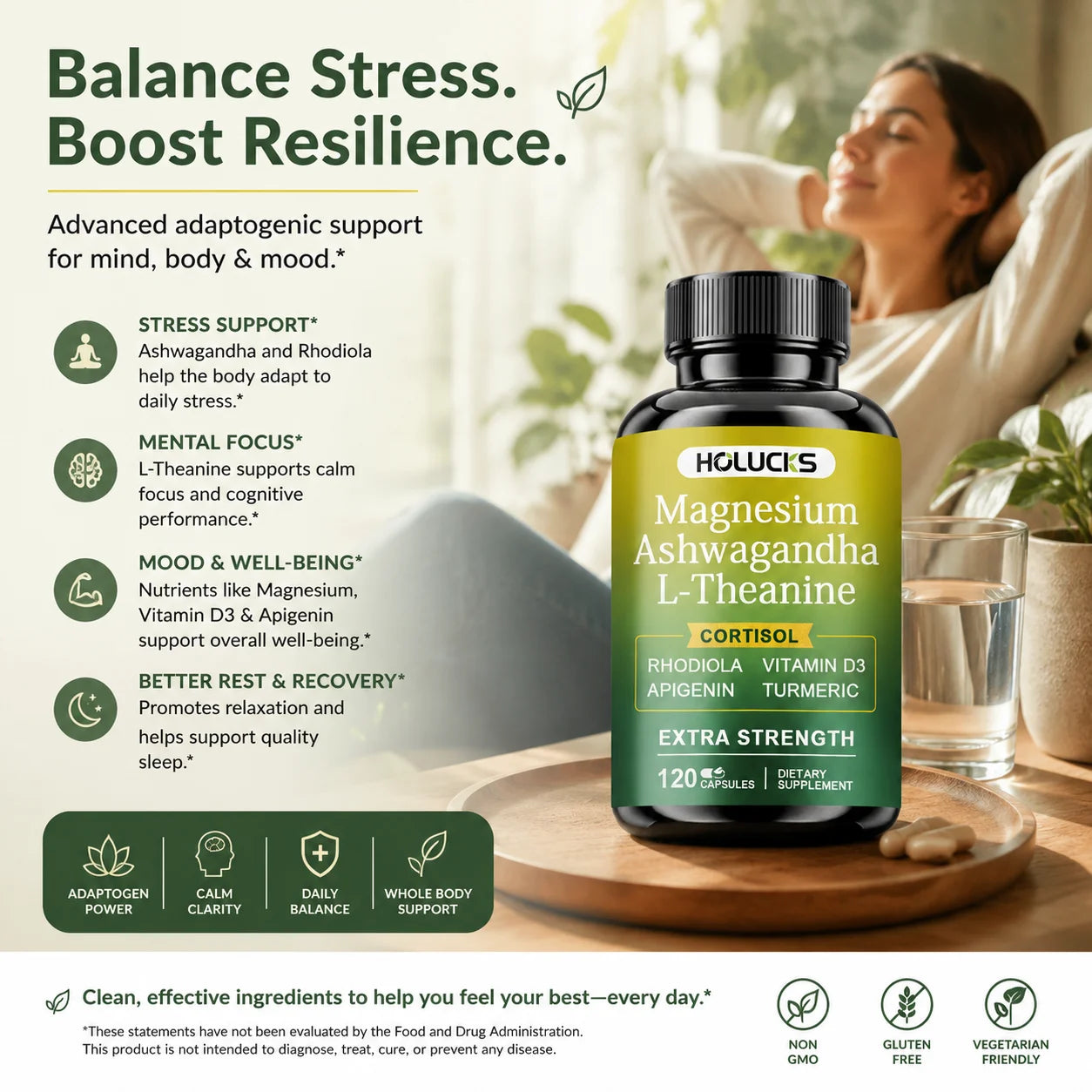 High Strength Ashwagandha, Magnesium, & L-Theanine, Stress Relief, Calm Mood, Relaxation, Deep Sleep, Supplement for Aldults