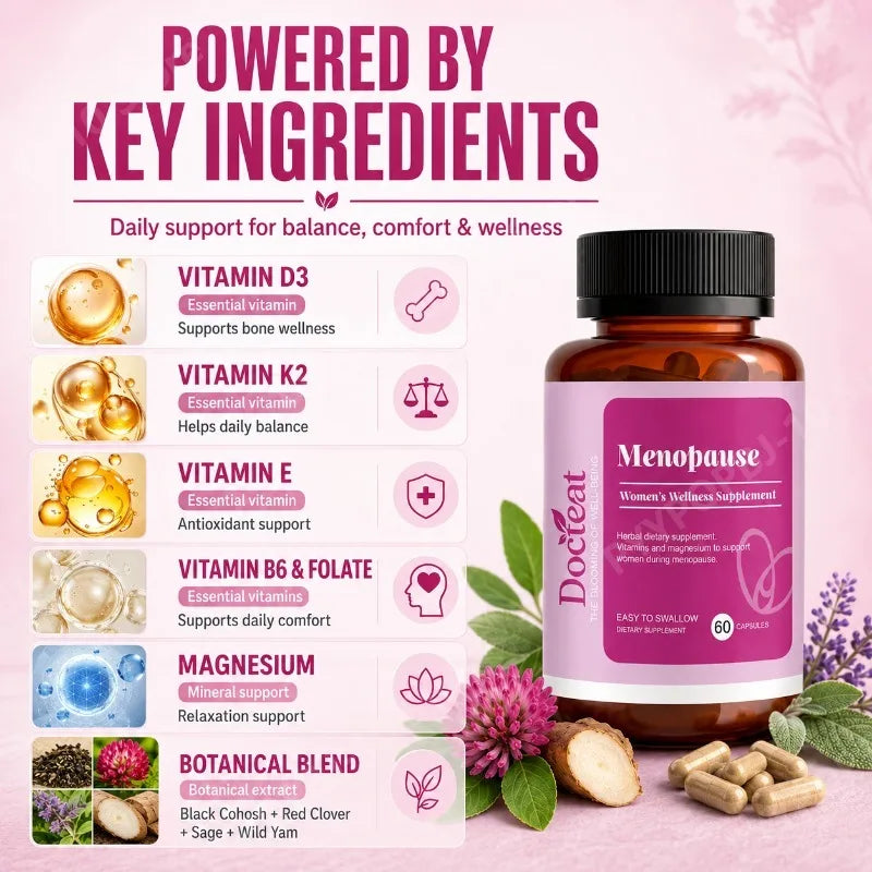 Docteat Women's Menopause Supplement 60 Capsules Easy To Swallow Magnesium Black Cohosh Wild Yam Extract Vitamin D3 K2