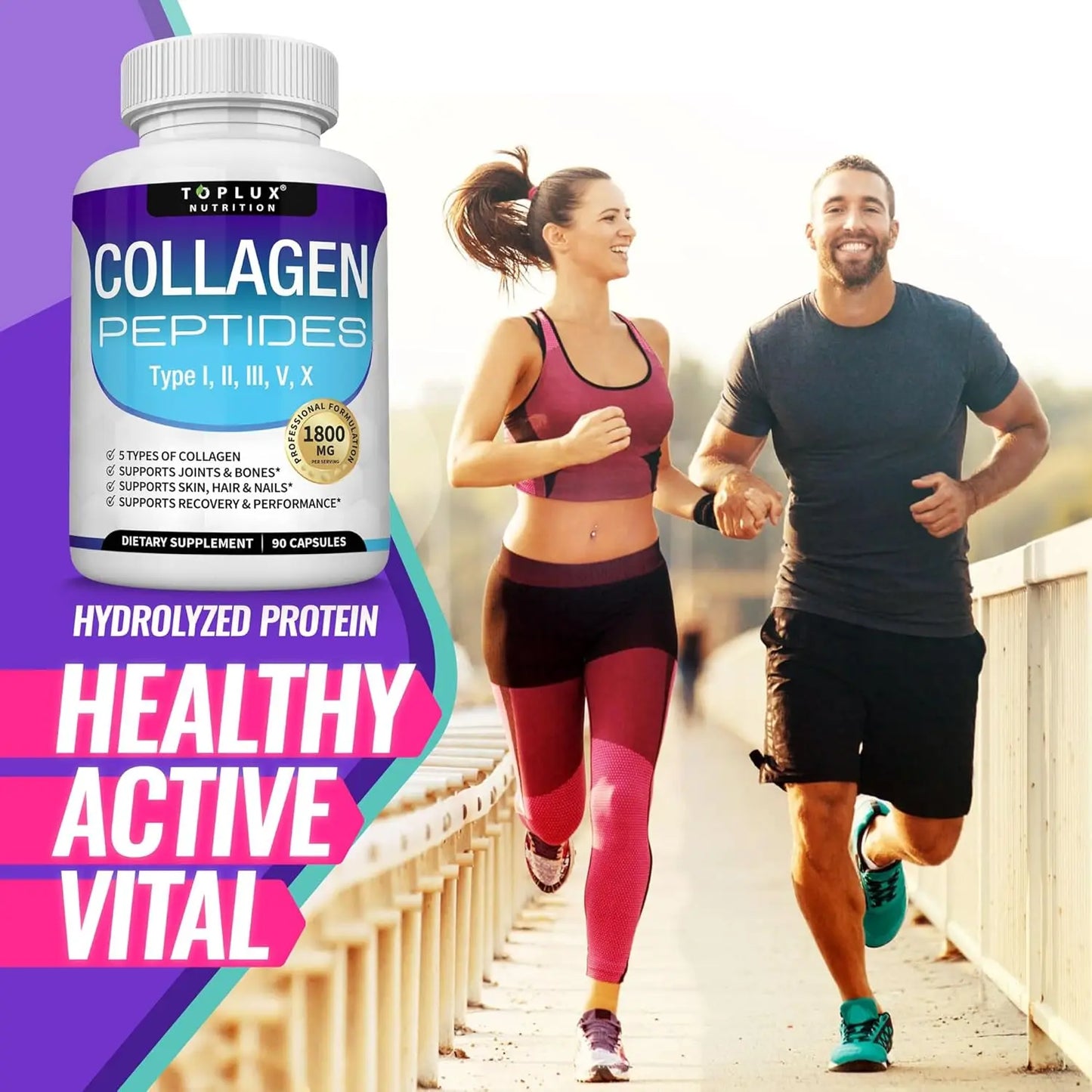 Collagen peptide tablets 1800 mg - premium collagen complex, improves skin and hair, strengthens joints, 90 capsules, supplement