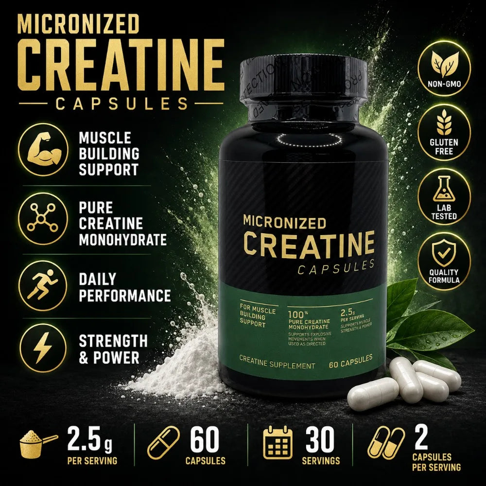 Micronized Creatine Monohydrate Capsules 2.5g Per Serving, 60 Count, Fitness Supplement for Strength Training & Muscle Support