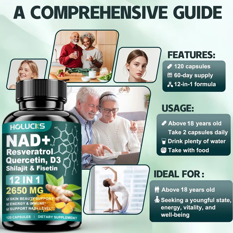 HOLUCKS 12-in-1 NAD+ Supplement, with Resveratrol Quercetin, Support Energy, Immune & Skin Health for Women's Daily Wellness