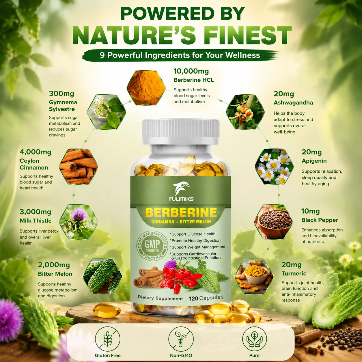 Berberine Capsules + Ceylon Cinnamon + Bitter Gourd, Support Lowering Blood Sugar, Immune System, Improve Heart Health