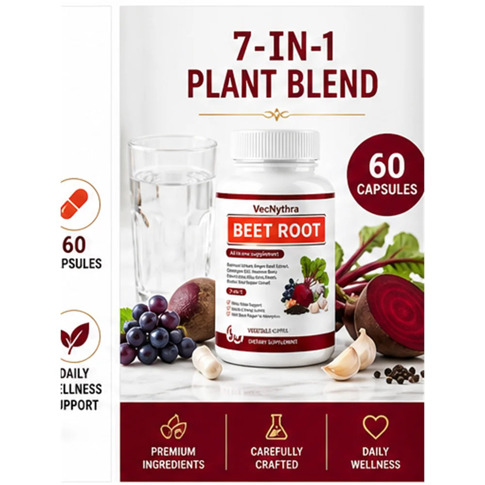 VecNythra Beet Root Daily Wellness Supplement, Plant-Based Formula, 30 Servings 60 Vegetable Capsules