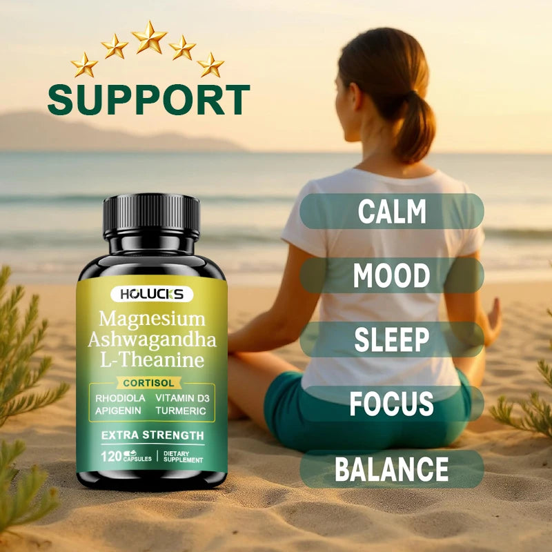 High Strength Ashwagandha, Magnesium, & L-Theanine, Stress Relief, Calm Mood, Relaxation, Deep Sleep, Supplement for Aldults
