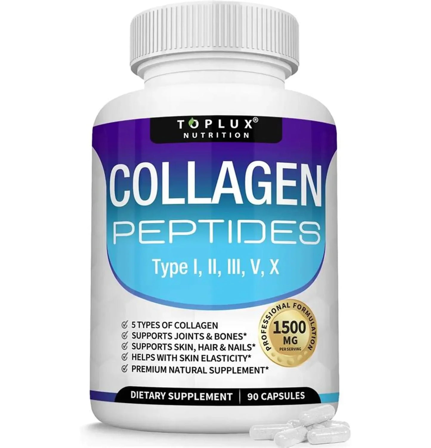 Collagen peptide tablets 1800 mg - premium collagen complex, improves skin and hair, strengthens joints, 90 capsules, supplement