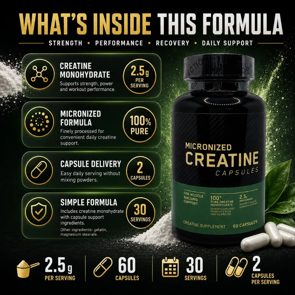Micronized Creatine Monohydrate Capsules 2.5g Per Serving, 60 Count, Fitness Supplement for Strength Training & Muscle Support