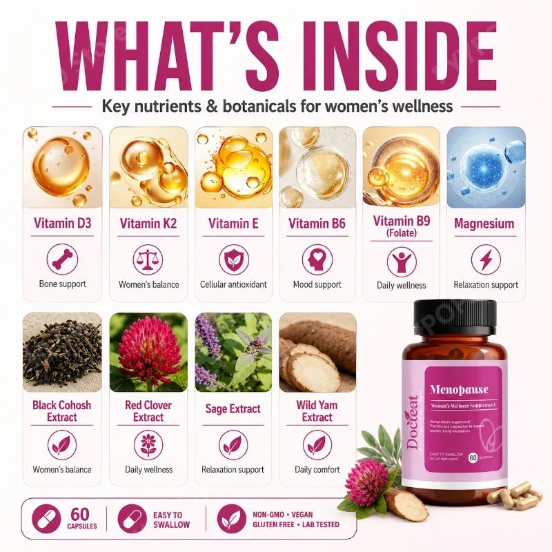 Docteat Women's Menopause Supplement 60 Capsules Easy To Swallow Magnesium Black Cohosh Wild Yam Extract Vitamin D3 K2