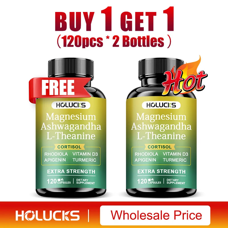 High Strength Ashwagandha, Magnesium, & L-Theanine, Stress Relief, Calm Mood, Relaxation, Deep Sleep, Supplement for Aldults