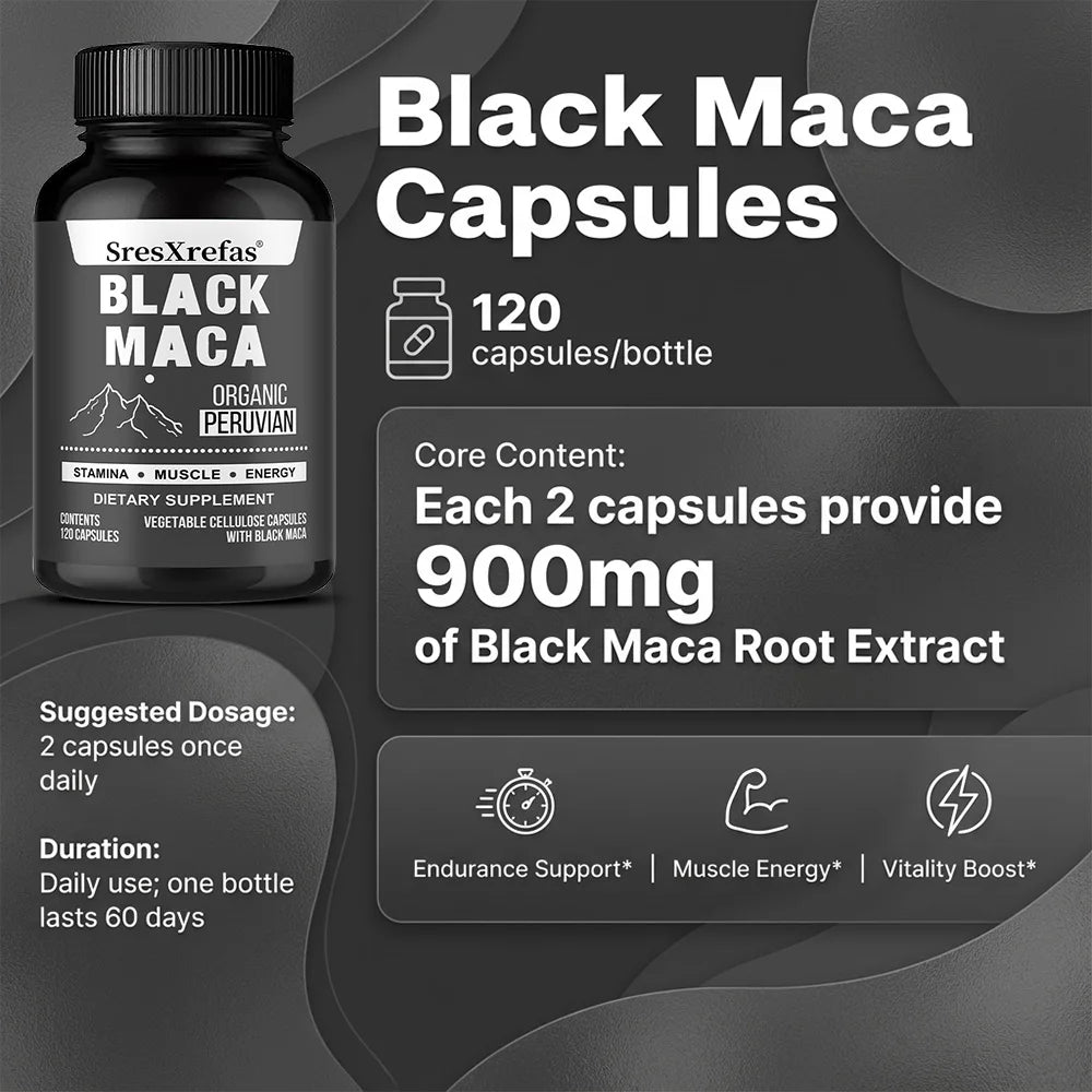 Black Maca Extract 900mg – Organic Peruvian Maca Supplement for Men, High Potency Energy, Mood & Performance Support, Non-GMO