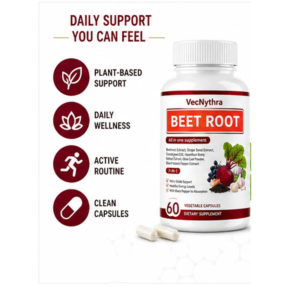 VecNythra Beet Root Daily Wellness Supplement, Plant-Based Formula, 30 Servings 60 Vegetable Capsules
