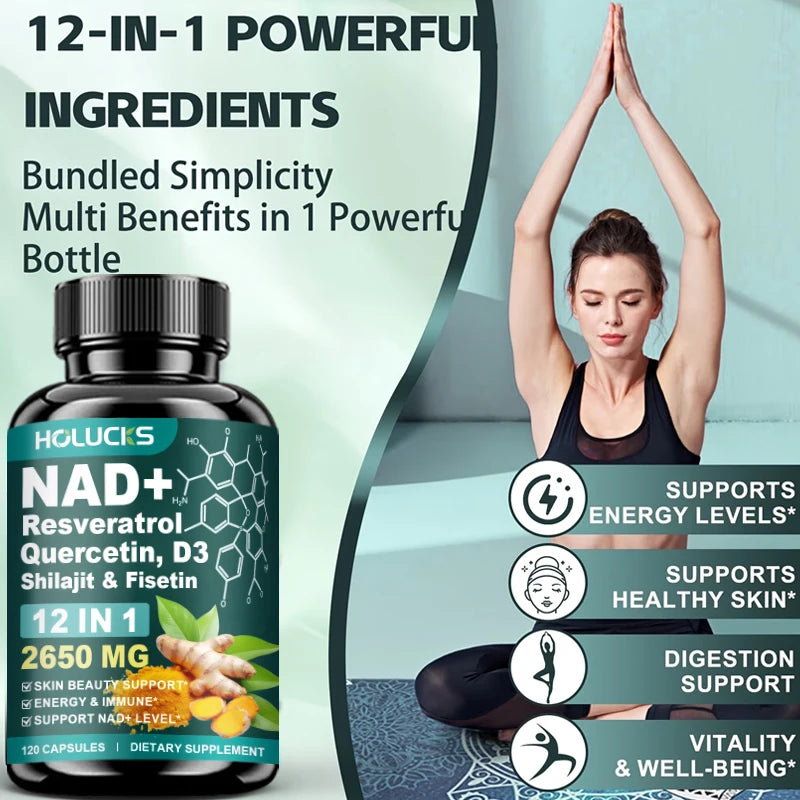 HOLUCKS 12-in-1 NAD+ Supplement, with Resveratrol Quercetin, Support Energy, Immune & Skin Health for Women's Daily Wellness