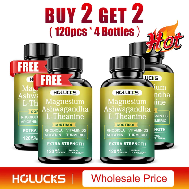 High Strength Ashwagandha, Magnesium, & L-Theanine, Stress Relief, Calm Mood, Relaxation, Deep Sleep, Supplement for Aldults