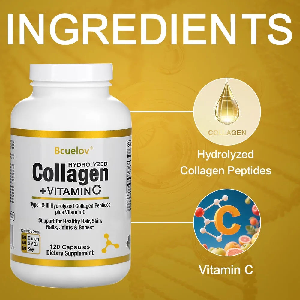 Hydrolyzed Collagen Peptide Supplement Plus VitaminC, Anti-aging, Supporting Hair, Skin, Nails, Joints & Bones Health