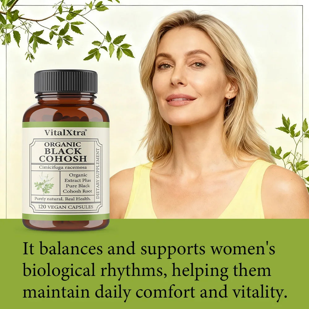 Organic Black Cohosh Root - Menopause Supplements  & Menstrual Support for Women, 120 Capsules, Vegan