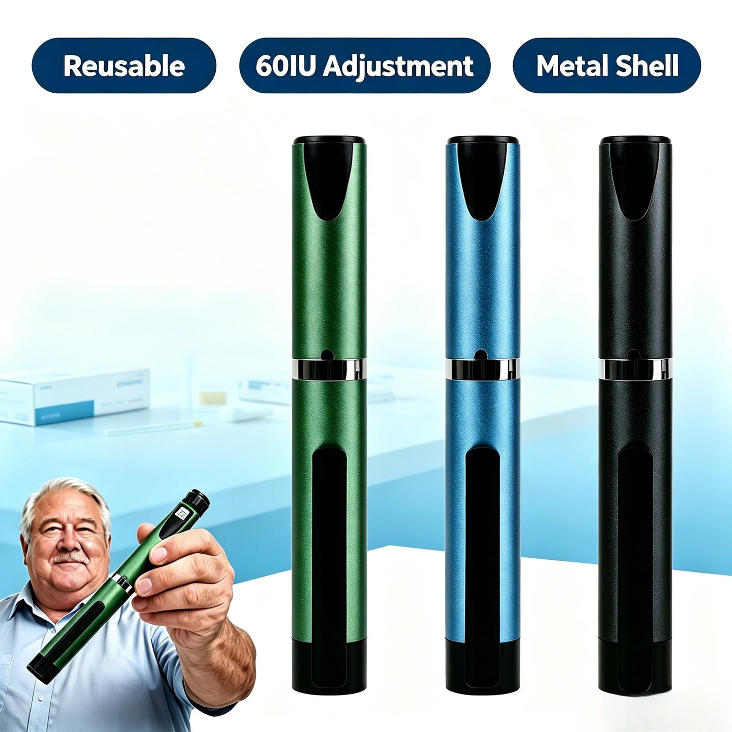 Reusable Metal Insulin Injection Pen Precise 60IU Dose Adjustment Clear Scale Diabetic Insulin Injector Accessories Peptide Pen