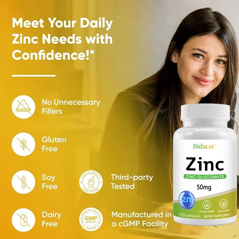 Zinc 50 Mg - with Zinc Gluconate, A Well-absorbed Zinc Supplement for Antioxidant and Immune Function and Skin Health