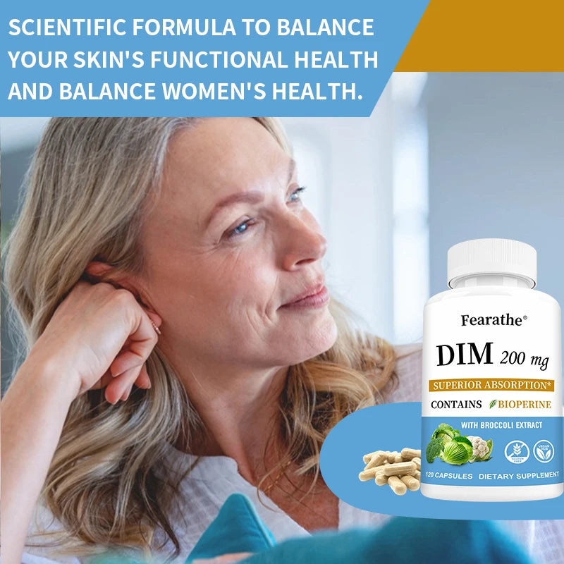 DIM 200mg Capsules with BioPerine, High Absorption, Metabolism Support Supplement for Women & Men Menopause and Mid-life
